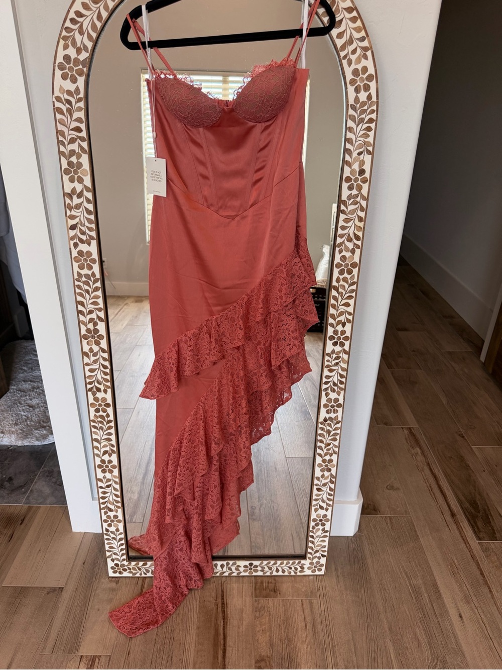Coral High-Low Lace Ruffle Dress - Picture 4 of 11